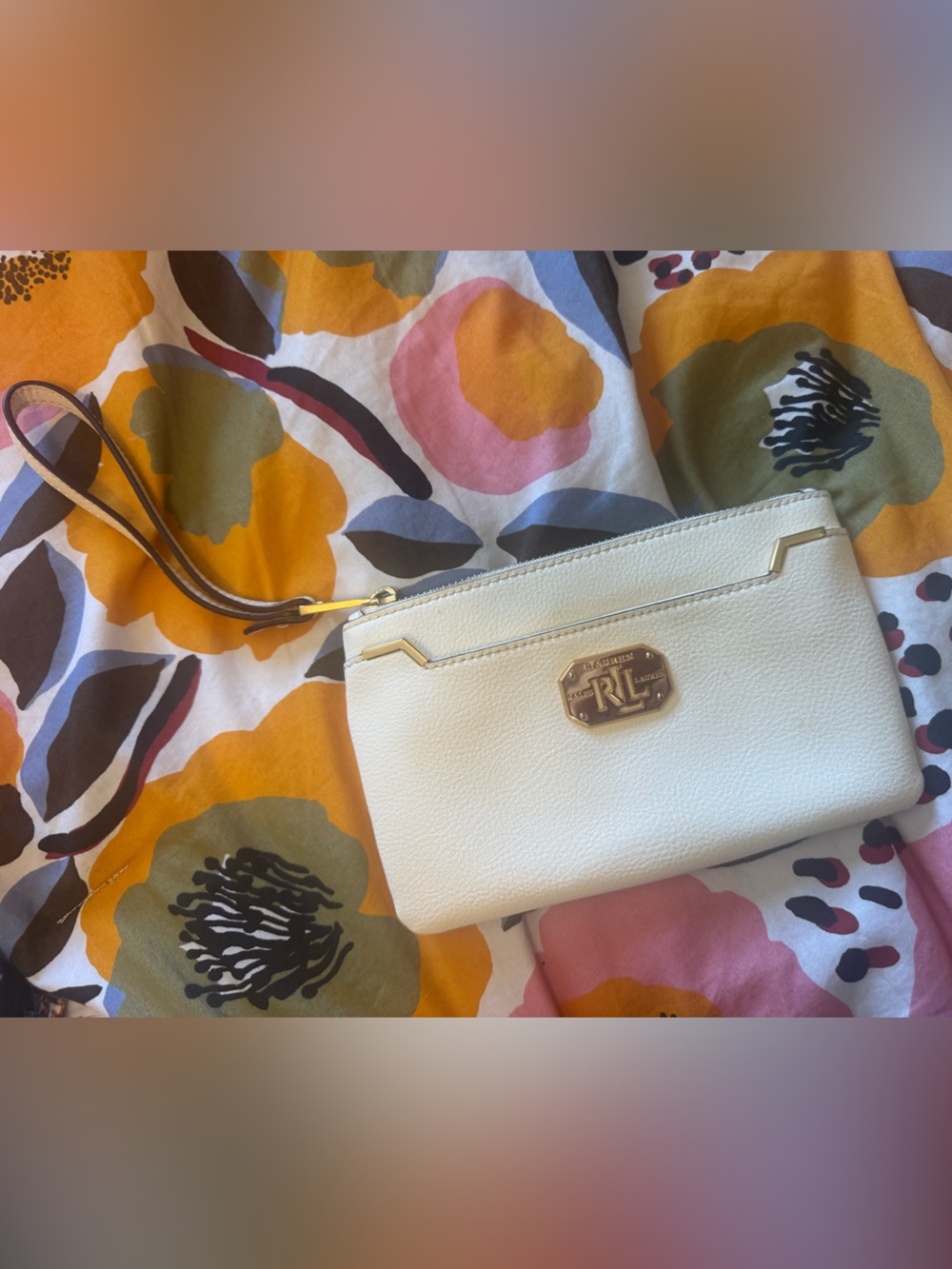 Ralph Lauren Ivory Leather Wristlet with Gold-Tone Accents